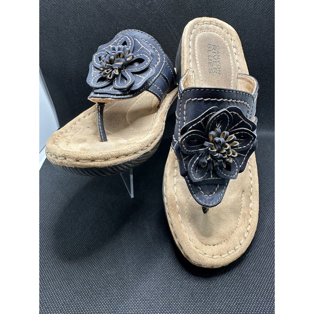 Canyon River Blues “Ophelia” Thong Wedge Sandals Black Flower Women’s 7 Medium